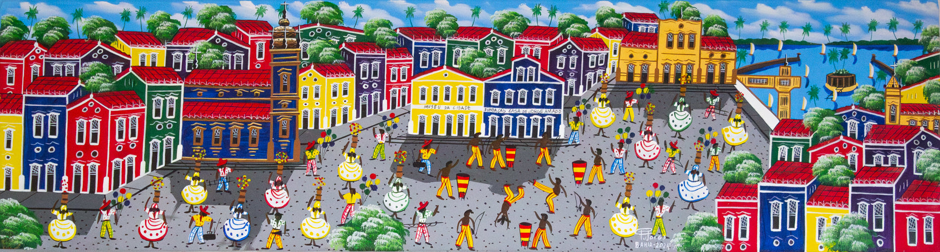 Colorful Brazilian mural of a street scene with buildings and people on a white wall.